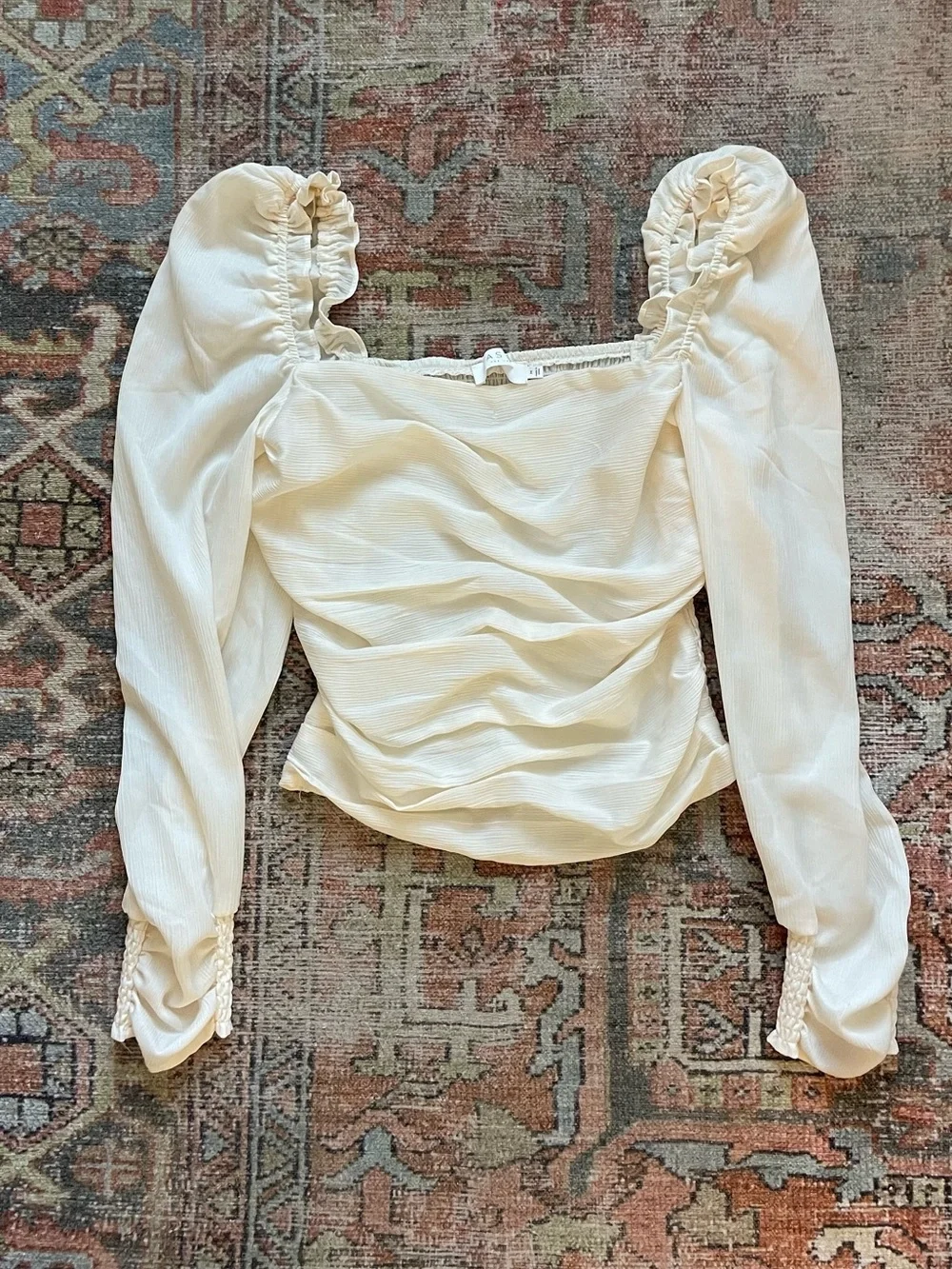 Astr Ivory Ruffled Long-Sleeve Square Neck Top